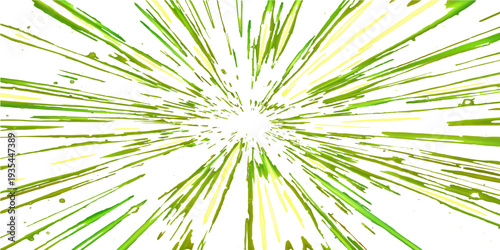 An abstract green nature background features a 3d fractal pattern with bright light rays and motion lines creating a vivid explosion of color for an artistic space wallpaper design