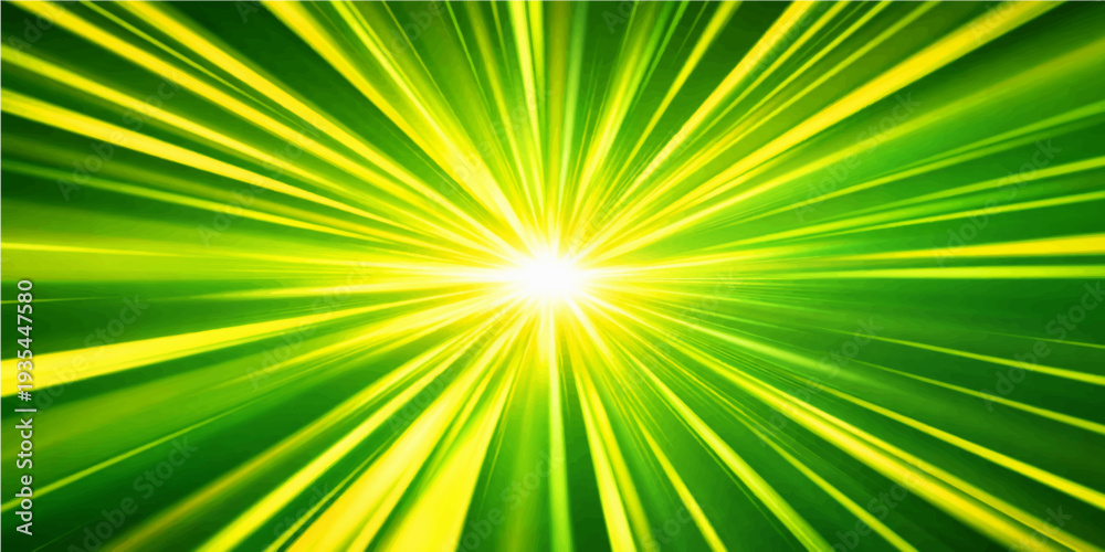 Fototapeta premium Green energy vector illustration featuring a bright sunburst design with radial rays and a glowing starburst pattern over an abstract lime backdrop