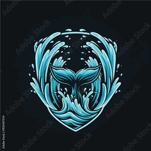 Whale tail and splashing waves cresting shield motif