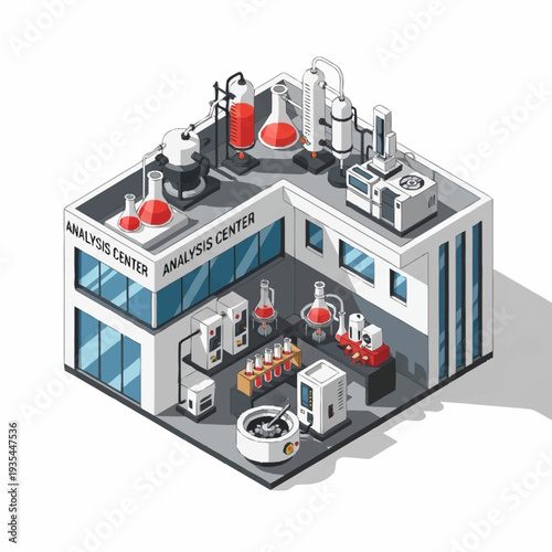 Isometric Laboratory Building with Equipment Inside.