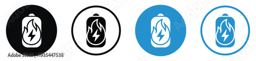 Battery symbol with flame and lightning bolt indicating overheating or fire hazard. Vector icon set for explosive battery warning, safety risks, and thermal runaway alerts.