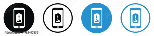 Mobile screen showing low battery level with an exclamation mark. Vector icon set for critical power status, charging reminders, and energy depletion notifications on devices.