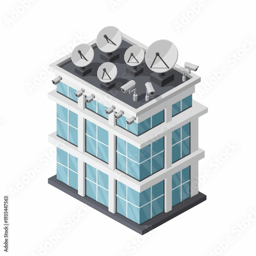 White Building with Satellite Dishes on Roof.