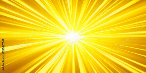 A bright summer sunrise illustration featuring an abstract yellow and orange sunburst background with warm sunlight rays and a glowing starburst beam design