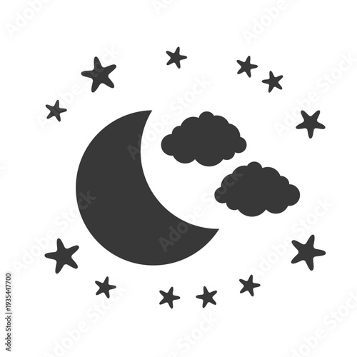 Black silhouette of crescent moon with stars and clouds isolated on white. Simple moon, stars and clouds icon. Black solid shape for nursery wall art and baby shower design.