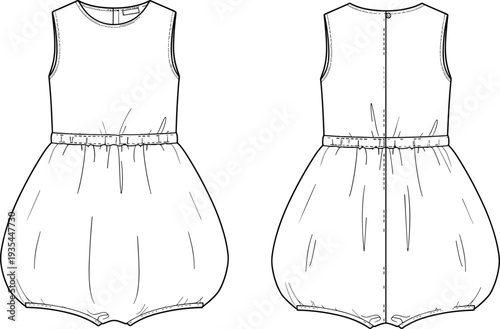 Technical fashion illustration of sleeveless baby romper featuring round neckline, fitted bodice, gathered bubble silhouette, elasticized leg openings, and front and back views with closure detail