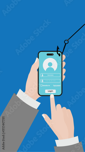 Phishing attack on smartphone login screen . Identity theft and cyber security concept