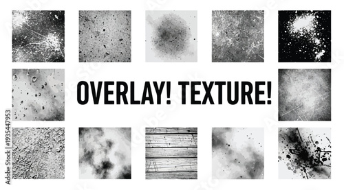 Collection of various grunge textures and overlays for design elements isolated on white background