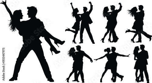Black Silhouette Vector Collection of Romantic Young Couples Dancing and Celebrating Joyfully Together for Wedding Invitations Valentines Day Marketing and Elegant Lifestyle Graphic Designs