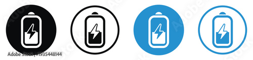 Set of battery charging icons with lightning bolt symbol. Four variations including solid and line styles in black and blue circular frames. Vector illustration for power and energy status.