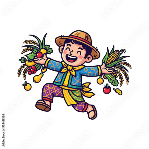 Happy farmer child with harvests in traditional outfit