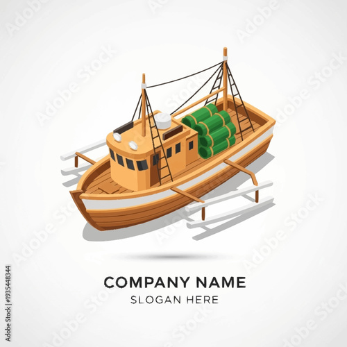 Fishing Boat with Nets on Deck Illustration.