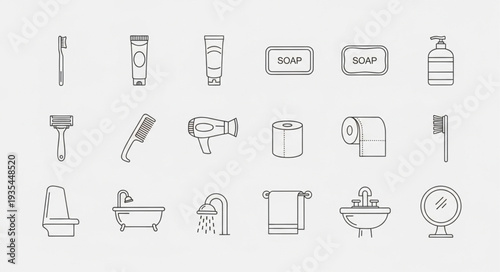 Collection of bathroom hygiene and cleaning icons.