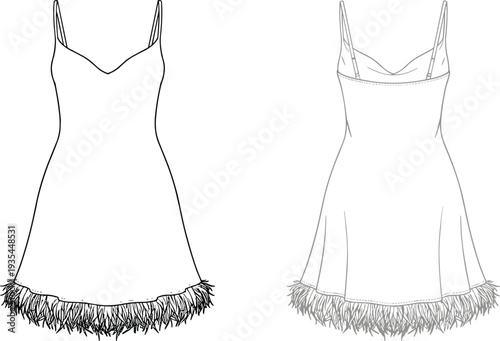 Technical fashion illustration of sleeveless dress featuring spaghetti straps, fitted bodice, decorative feathered hemline, seam details, and front and back views for garment construction design
