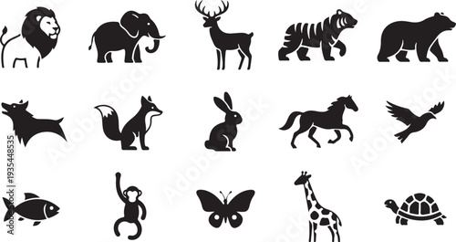 Silhouettes of various animals from different habitats and species