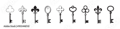 Collection of ten different vintage ornate skeleton keys with varied decorative heads and styles flat vector illustration