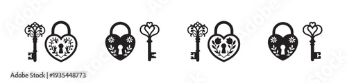 Elegant romantic heart padlock and key icons featuring intricate floral designs vintage decorative vector set