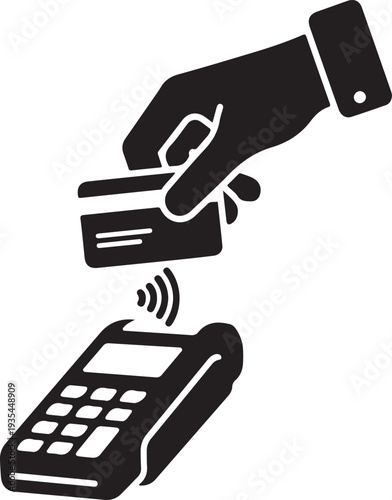 A hand holding a card being tapped on a contactless payment terminal