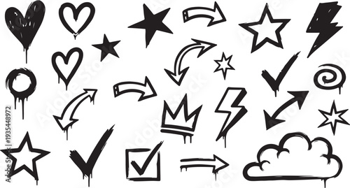 Collection of stylized icons representing various symbols and actions