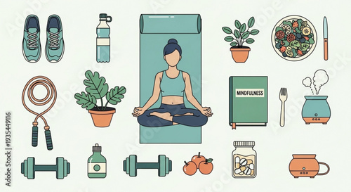 Woman meditates on yoga mat surrounded by fitness and wellness items healthy lifestyle concept