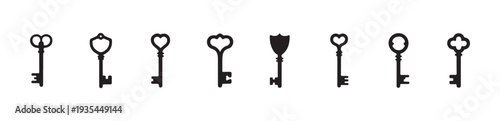 Assortment of simple heart and shape silhouette antique keys vector icons