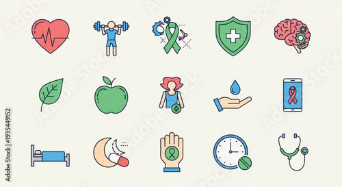 Health and wellness icons set including heart brain shield fitness healthy food and medical symbols