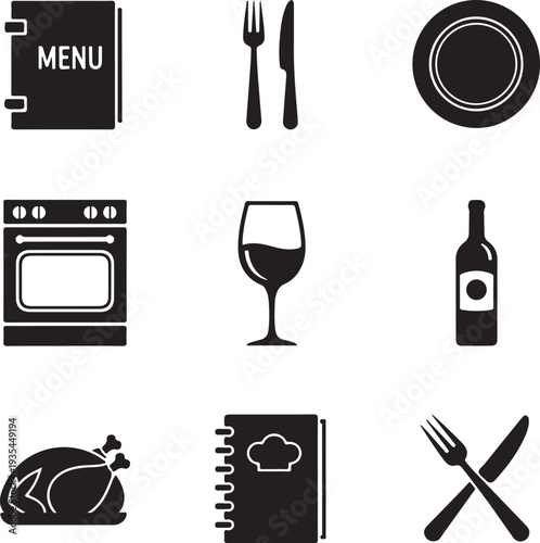 Collection of black and white icons representing dining and food service essentials