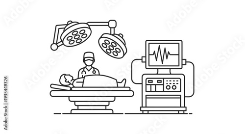 Medical Surgery Operation Room Icon with Patient, Surgeon, and Monitor