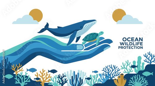 A hand cradling ocean waves and wildlife in a protective gesture, symbolizing conservation