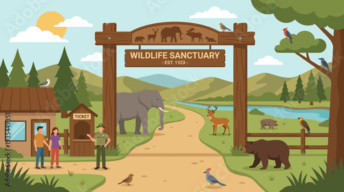Serene wildlife sanctuary landscape with diverse animals and visitors at the entrance
