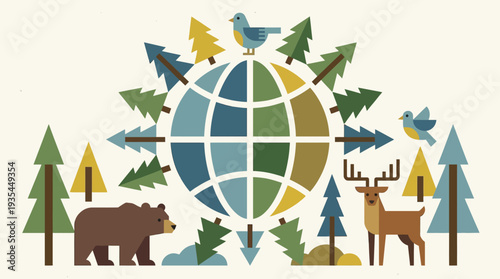 Reforestation concept with animals in forest landscape viewed from above