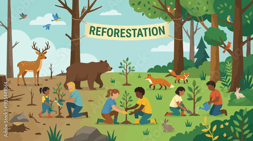 Children Planting Trees in a Reforestation Effort Surrounded by Wildlife in a Natural Landscape