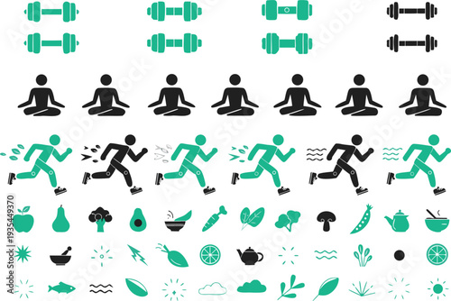 Illustrated icons of fitness, meditation, and healthy lifestyle activities.