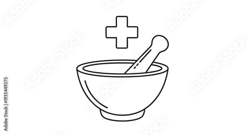 Pharmacy Mortar Pestle Icon with Medical Cross - Health Care Symbol