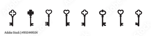 Group of decorative ornate skeleton keys featuring clover and heart tops
