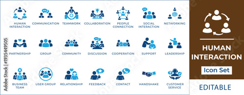 Human interaction icon set featuring team collaboration, social networking, business communication, leadership, partnership, community group, and customer support symbols.
