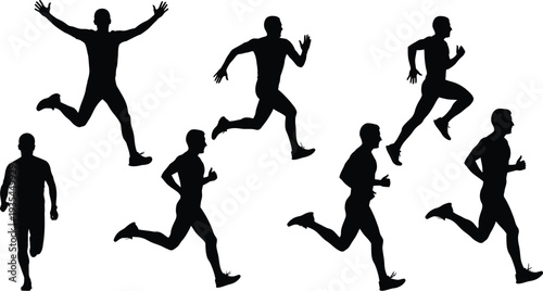 Collection of seven dynamic male runner silhouettes, black vector icons of athletes sprinting, jogging, and celebrating victory isolated on white.
