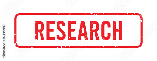 Red stamp with the word research inside a rectangular frame.