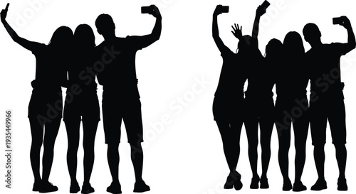 Group of friends taking selfie silhouettes, young men and women holding smartphones isolated on white background illustration