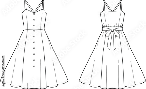 Technical fashion illustration of sleeveless knee‑length dress featuring double shoulder straps, fitted bodice, flared skirt, button‑down front closure, and tied waist belt back view