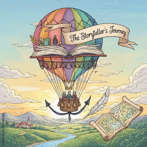 Colorful Hot Air Balloon with Open Book.