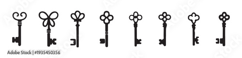 Collection of ornate old keys black silhouettes antique style isolated on white background