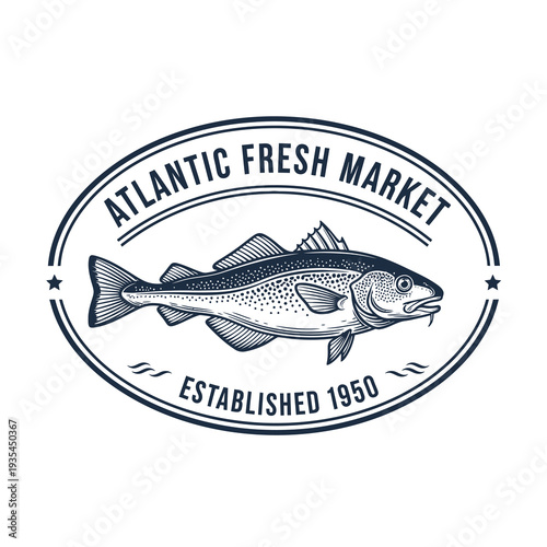 Fish Market Logo for Atlantic Fresh with Vintage Style Sea Creature