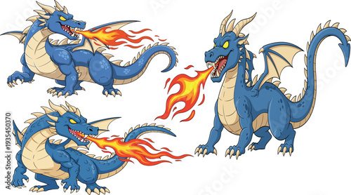 Cartoon blue dragons breathing fire with fierce expressions, mythical creature illustration showing claws, wings, flames, fantasy monster design for comics, games, and storytelling