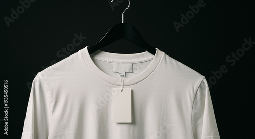 Plain white crew neck t-shirt with blank retail tag hanging on black background, professional apparel mockup