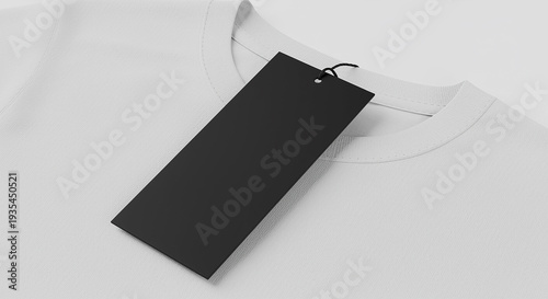 Plain white t shirt with black rectangular tag hanging on neck detail shot