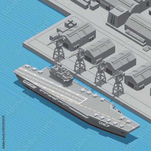 Aircraft Carrier Docked at Naval Base.