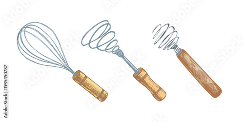 Hand drawn vintage kitchen whisk illustration set with baking mixer tools in engraving sketch style culinary utensil collection