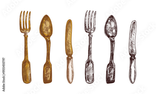 Hand drawn vintage cutlery illustration set with fork spoon knife engraving style kitchen utensil design