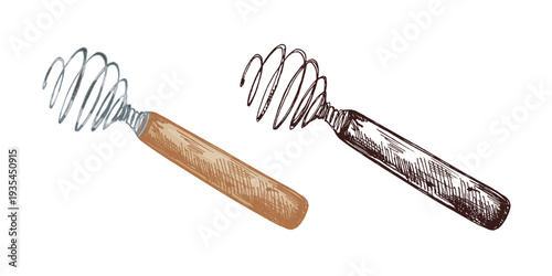 Hand drawn vintage spiral whisk kitchen utensil engraving style culinary mixing tool illustration color monochrome versions